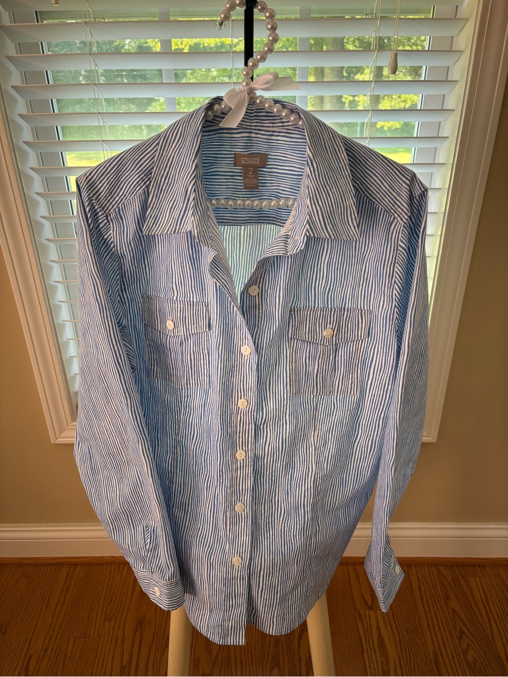 Chico's Light Blue and White Vertical Stripe Button-Down Shirt